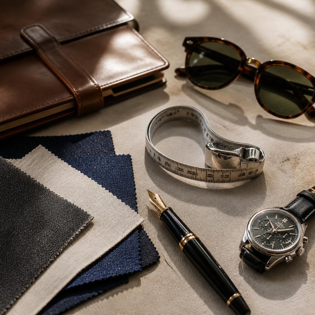 Style consultation flat lay with fabric swatches, leather notebook, watch, sunglasses, and measuring tape