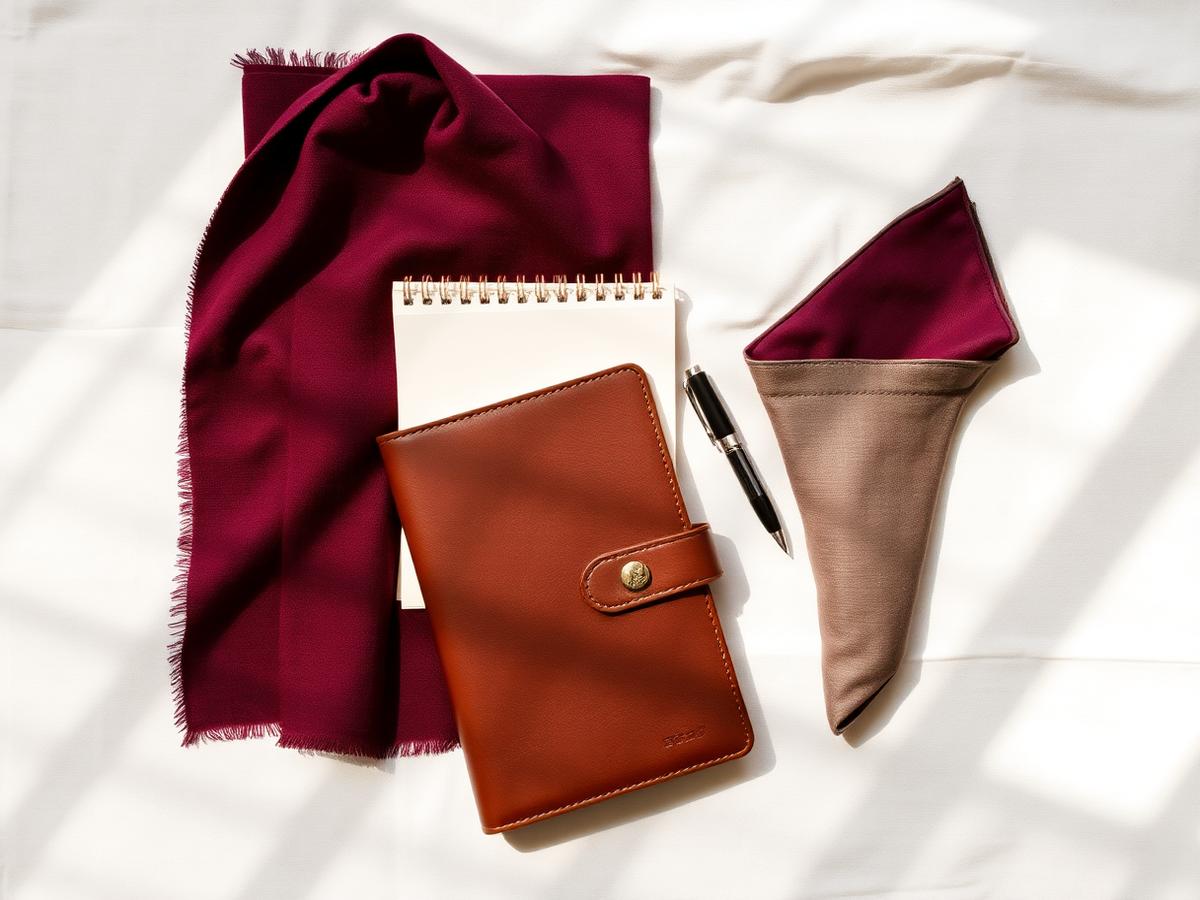 Fabric swatches, leather notebook, and pocket square laid out on ivory linen