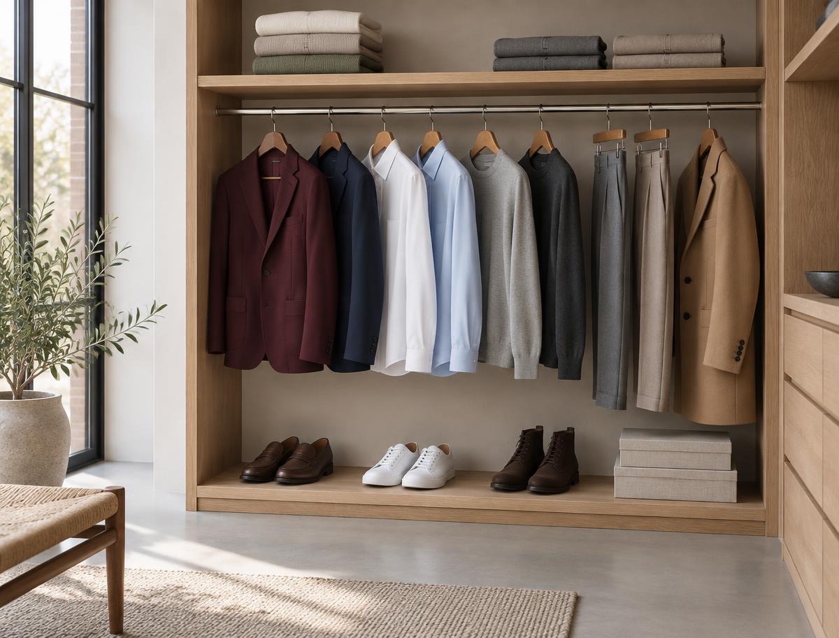 A curated men's capsule wardrobe: a small, coordinated set of blazers, shirts, knits, trousers and a coat on open oak shelving, with three pairs of shoes below