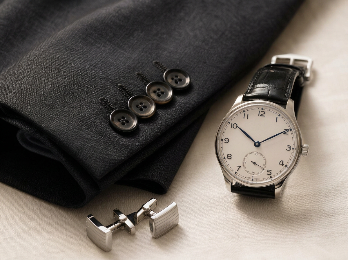 Close-up of a tailored suit sleeve and shirt cuff
