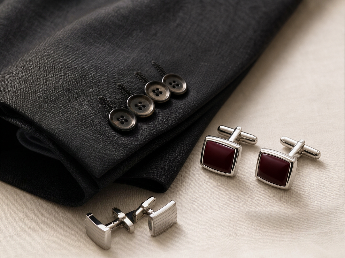 A tailored suit sleeve beside a set of silver cufflinks on linen