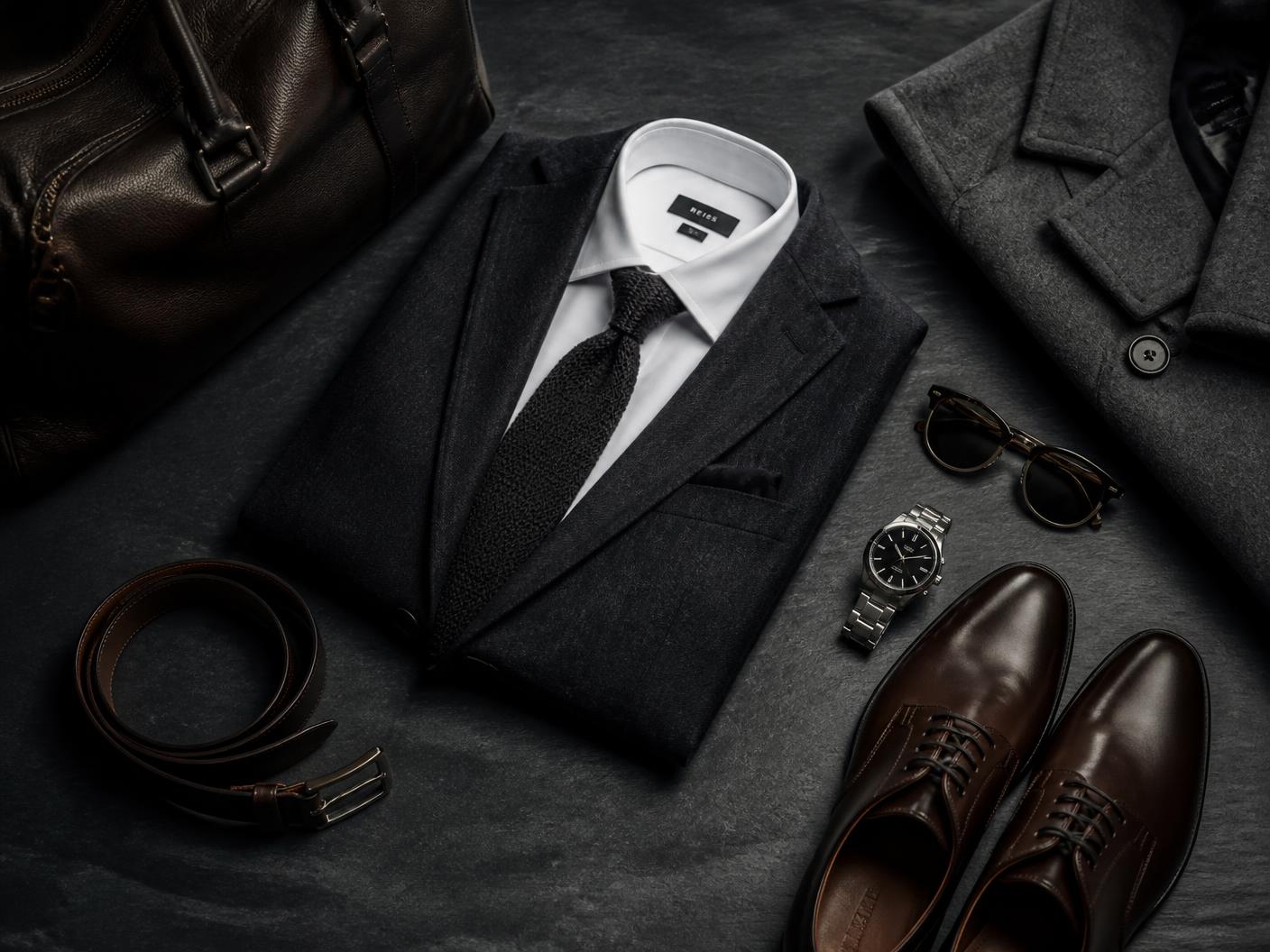 Flat lay of a charcoal suit jacket, shirt, knit tie, leather belt, watch, sunglasses, derby shoes and overcoat