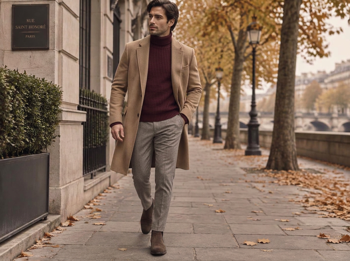Confident man in a camel overcoat, cream turtleneck and light taupe trousers walking down an autumn street