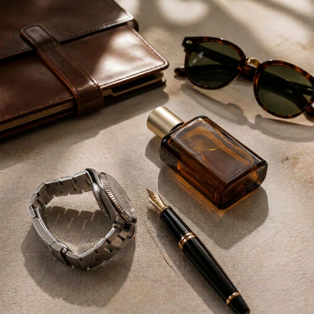 Style assessment flat lay with a leather notebook, sunglasses, amber cologne bottle, fountain pen, and a steel wristwatch